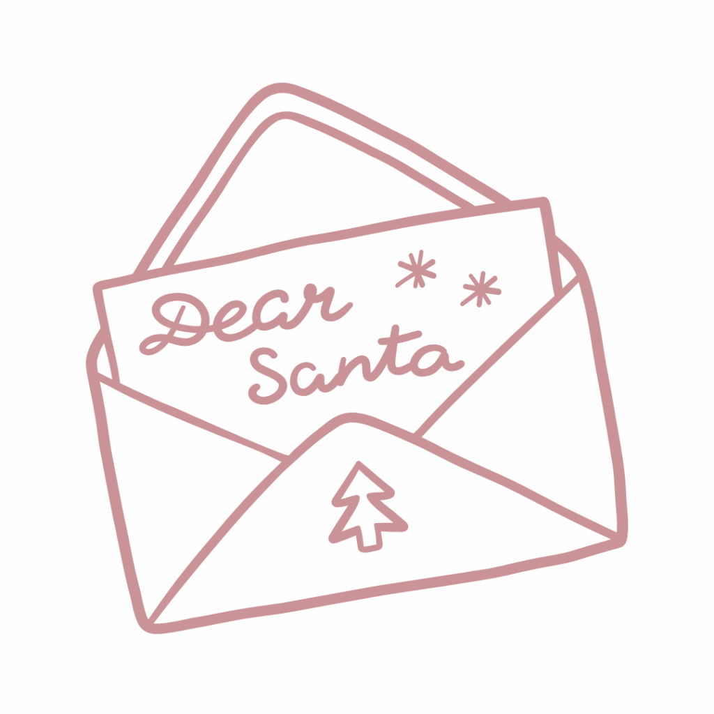 A pink line art illustration of an open envelope containing a card that says "Dear Santa" with small snowflakes and a Christmas tree icon.