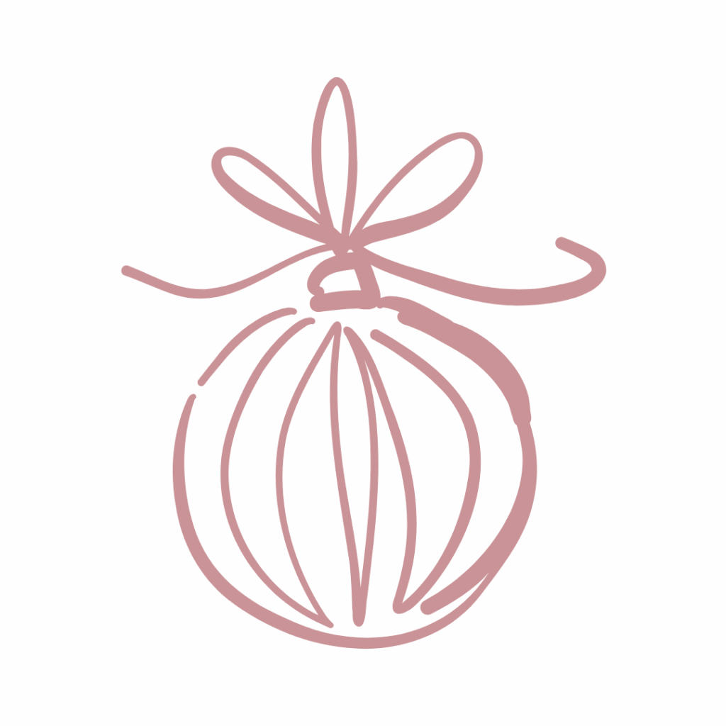 A simple pink line art illustration of a round Christmas ornament with a bow on top.