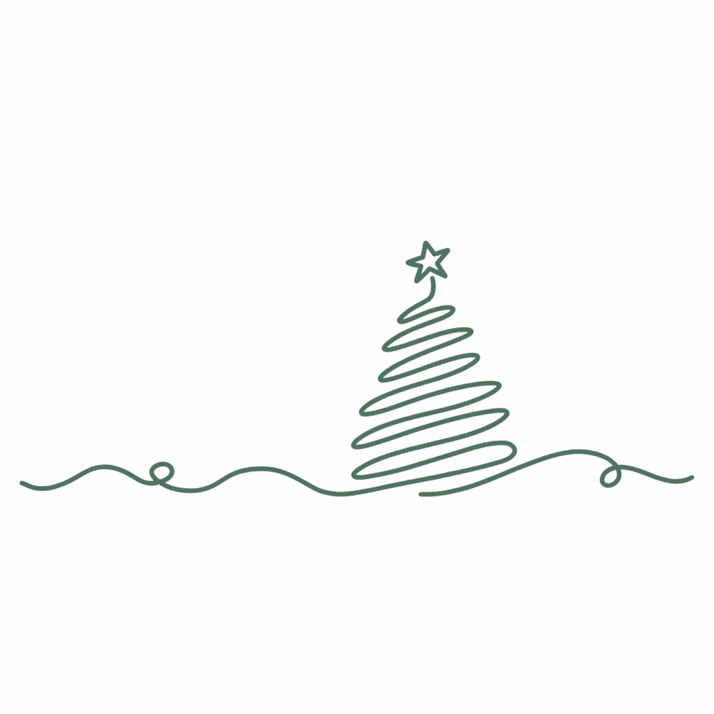 A minimalist line drawing of a green Christmas tree with a star on top, connected to a continuous flowing horizon line.