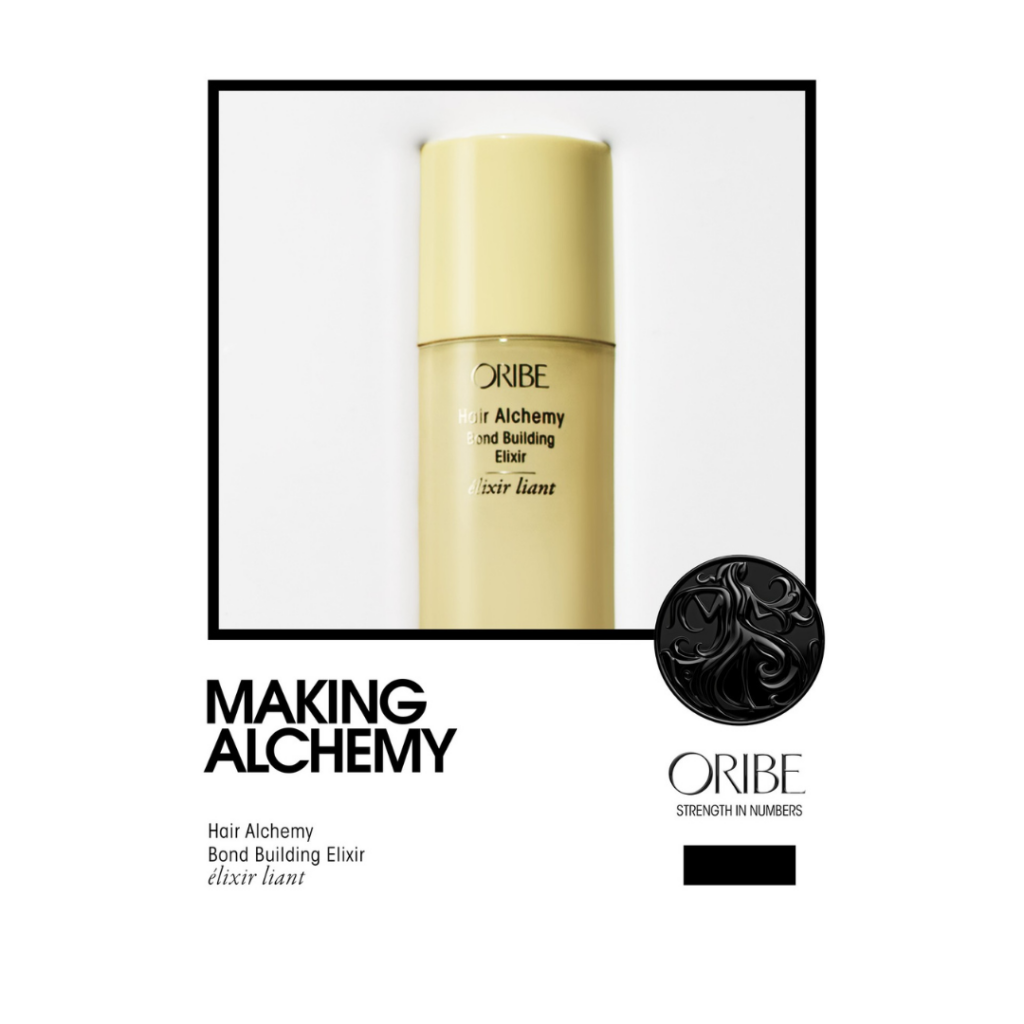 Making Alchemy promo banner featuring Oribe Hair Alchemy Bond Building Elixir and brand logo.